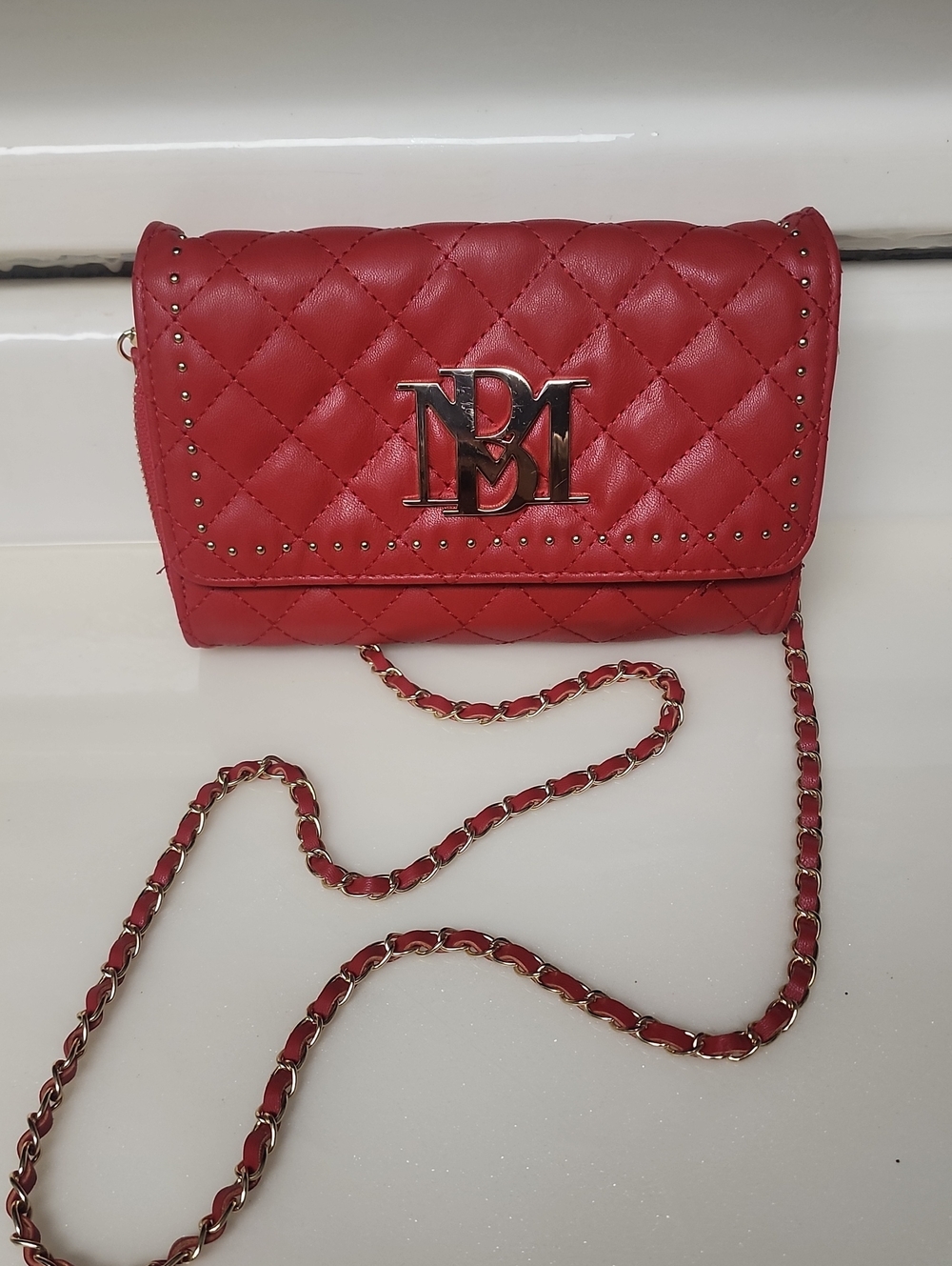 Badgley Mischka Red Quilted Chain Crossbody with Silver Logo